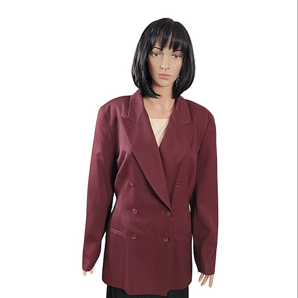 Tahari Vintage Double Breasted Burguundy Blazer 100% Wool Sz 14